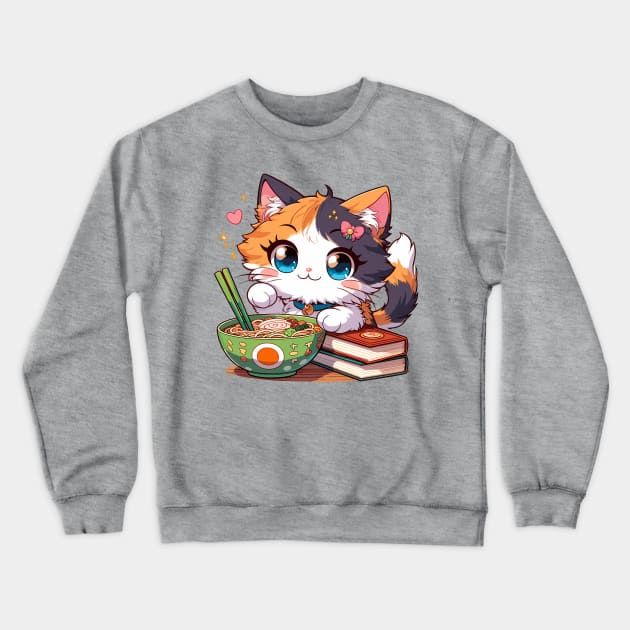 Kawaii cat loves ramen and books Crewneck Sweatshirt by BrisaArtPrints